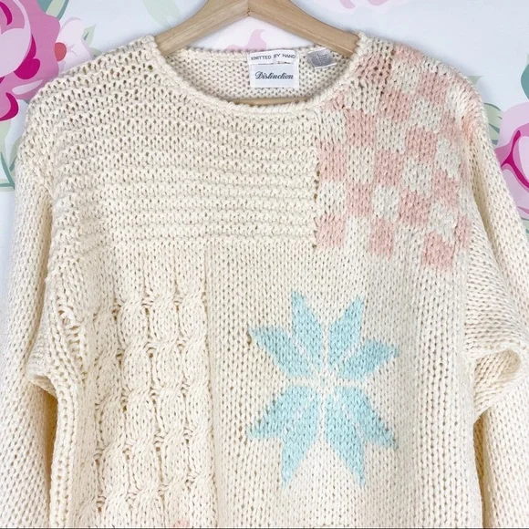 Vintage Ivory Print Chunky Knit Sweater L - Picture 2 of 6